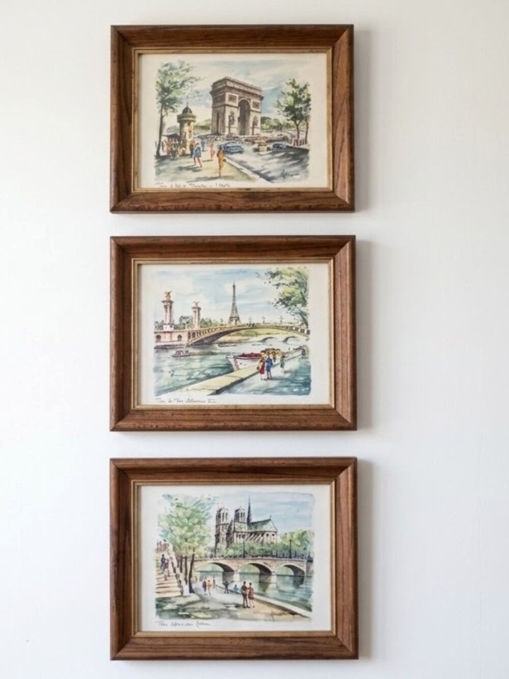 Vintage Arno Paris Framed Prints Set of 3 Watercolor Eiffel Tower Notre Dame